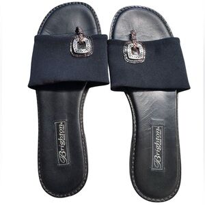 Brighton Lilian Made in Italy Black Slide Sandals w/ Silver metal Charm
